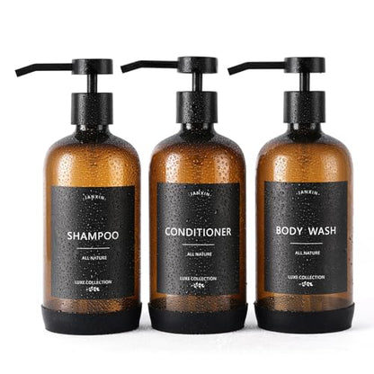 Shampoo and Conditioner Dispenser Set of 3 - color: Amber Bottles + Black Pumps