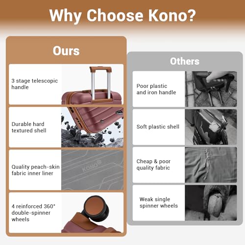 Kono Expandable 28 Inch Luggage with Spinner Wheels, Large Checked Luggage with Lock, Lightweight & Anti-Scratch PC+ABS Hardshell Travel Suitcase, Burgundy/Brown - color: Burgundy/Brown, size: Checked-large 28-inch