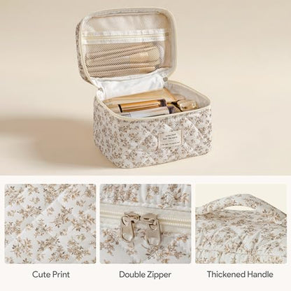 HBselect Quilted Makeup Bag, 3Pcs Cotton Large Travel Makeup Bags Organizer - color: A-3PCS-Floral 23