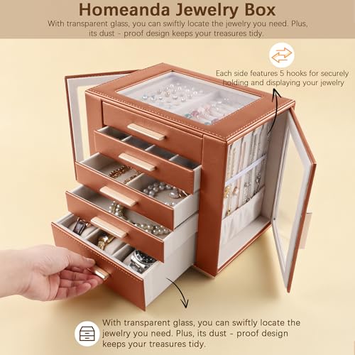 Homeanda Jewelry Boxes with Glass Lid, 5-Layer Large PU Leather, Brown - color: Brown, size: 5 Layer