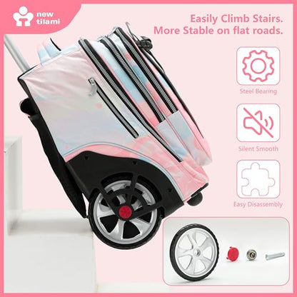 NEW TILAMI 20 Inch Rolling Backpack for School Stair-Climbing Big Wheel - color: Pink Dawn
