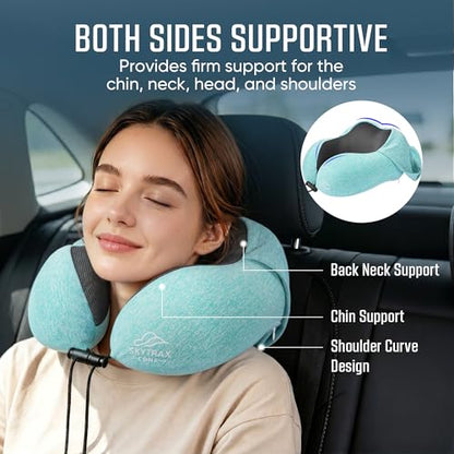 SkytraxComf® Travel Neck Pillow with Hood for Privacy on Long Flights - color: Mint Blue