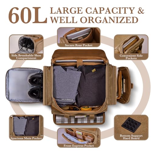SHOWKOO Duffle Bag for Travel 60L Expandable Canvas Travel Bag - color: Coffee