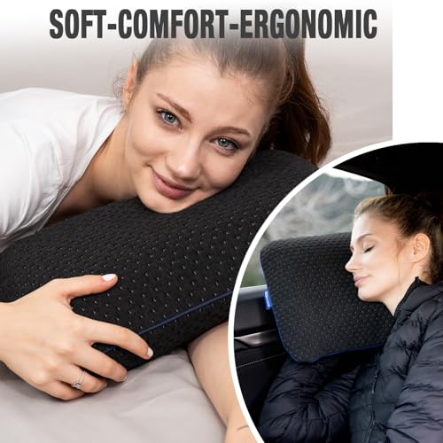 Travel & Camping Comfortable Memory Foam Pillow – Easy to Carry Portable Bag – Temperature Regulating Pillow Case - Perfect for Travelling (Black) - size: Black