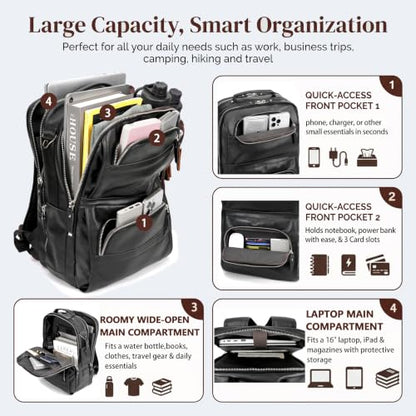 LANNSYNE Nappa Leather Backpack for Men, 16" Laptop Work Travel Bag, Black - color: Black