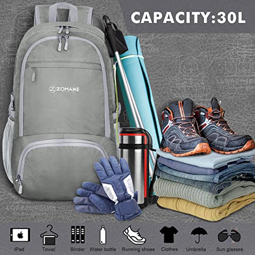 ZOMAKE Lightweight Packable Backpack 30L, Foldable Travel Hiking Daypack - color: Sliver Grey
