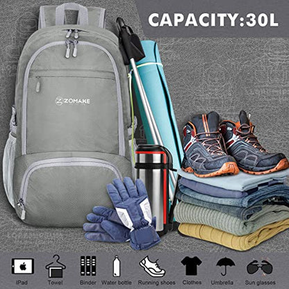 ZOMAKE Lightweight Packable Backpack 30L, Foldable Travel Hiking Daypack - color: Sliver Grey