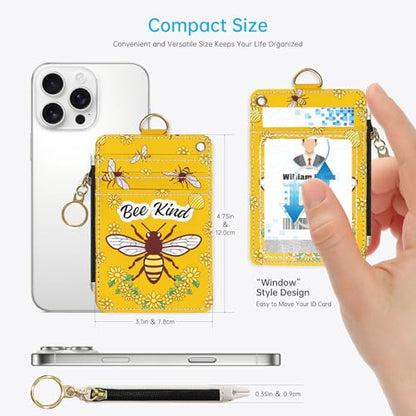 2-in-1 ID Badge Holder & Lanyard Wallet，Cute Zippered Pouch Bee Kind - color: Bee Kind