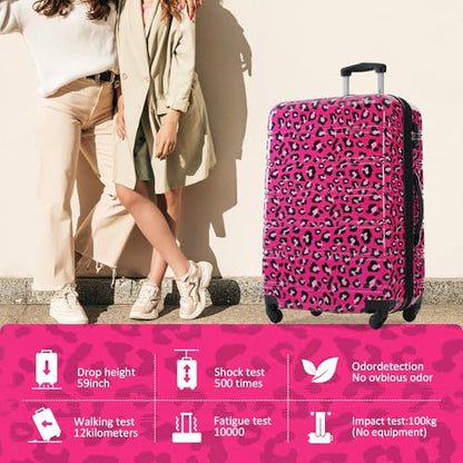 Merax Luggage Sets 3 Piece,Suitcase Set with Spinner Wheels 20/24/28 INCH | Hardside PC Expandable Lightweight Leopard Suitcase with Carry on Luggage,Leopard Hot Pink - color: Leopard Hot Pink, style: Luggage-20/24/28