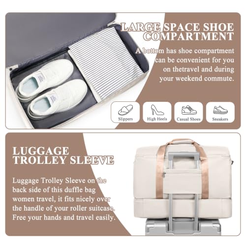 Travel Duffle Bag with Shoe Compartment, Overnight Weekender Bags for Women - color: Beige & Brown
