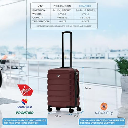 Flight Knight 24x16x10 Expandable Carry On Suitcase Hardside TSA Lock USB C Lightweight Luggage Silent Double Spinner Wheels Maximum Overhead Carry-On Bag For Virgin South West Approved Burgundy - color: Burgundy, size: 24x16x10"