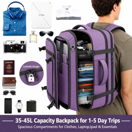 Business Travel Backpack with LifetimeWarranty, Expandable 35-45L Carry On - color: Purple, size: 17.3inch - 19.2"x13.4"x7.9"(+2.7")