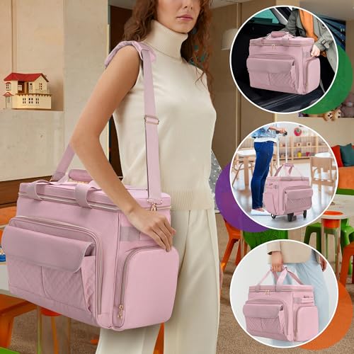 LUXJA Rolling Teacher Bag with Wheels and 15.6" Laptop Compartment, Pink - color: Pink