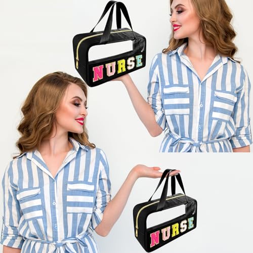 Bunliuys Chenille Letter Clear Makeup Bag with Nurse Patch, Travel Toiletry Makeup Bag with Handle, Nylon Waterproof Cosmetic Bag, Preppy Patch Makeup Bag for Women (NURSE-Black) - color: Black3