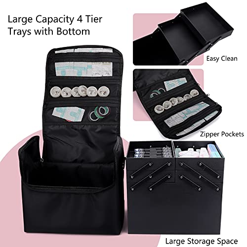 Large Makeup Carrying Train Case for Women, 4 Tier Travel Bag Box, Black - color: Black Regular