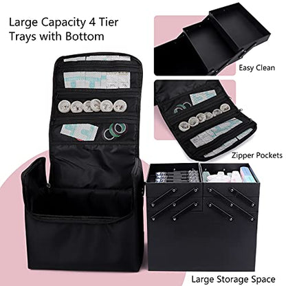 Large Makeup Carrying Train Case for Women, 4 Tier Travel Bag Box, Black - color: Black Regular
