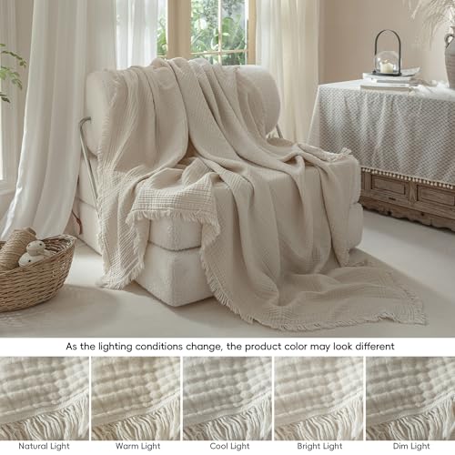 Muslin Fringe Blankets for Adults: 100% Cotton Cloud Soft Oversize Queen - color: Beige, size: Oversize Queen (98" × 98")