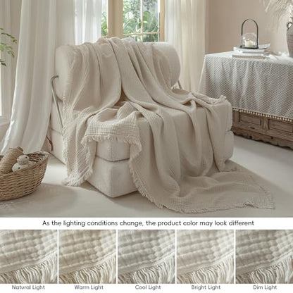 Muslin Fringe Blankets for Adults: 100% Cotton Cloud Soft Oversize Queen - color: Beige, size: Oversize Queen (98" × 98")