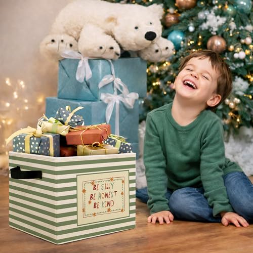 Kindness Storage Bin, Green Stripe Foldable Fabric Basket - color: Olive Stripe Be Kind Quote