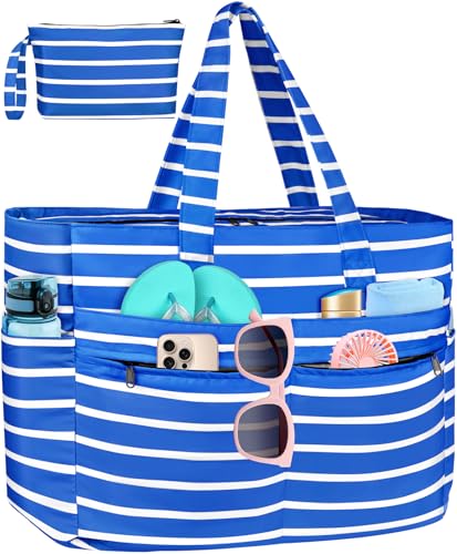 HUANLANG Extra Large Beach Bag Waterproof Beach Totes Bags for Women Men,Pool Bag with Zipper Wet Pocket - color: Blue and White