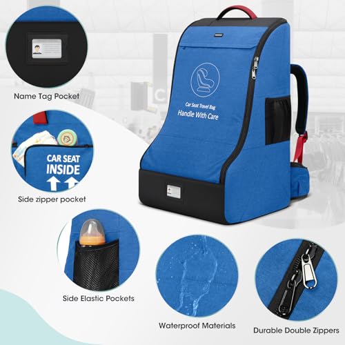 RAINSMORE Padded Car Seat Travel Bag for Airplane Car Seat Backpack, Blue - color: Blue&Black