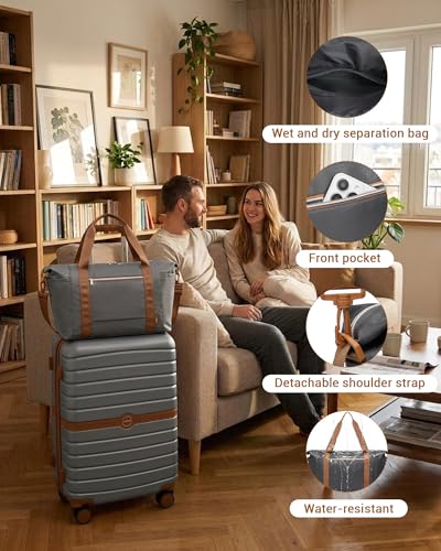 Kono Luggage Sets 2 Piece, Expandable 28 Inch Luggage with Spinner Wheels, Lightweight & Anti-Scratch PC+ABS Hardshell Travel Rolling Suitcase Large Checked Luggage with Duffel Bag, Grey/Brown - color: Grey/Brown, size: 2 Piece Set (28/Db)