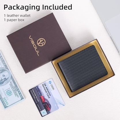 VISOUL Mens Carbon Fiber Leather Wallets Bifold with RFID Blocking, Designer Billfold Wallet with 1 ID window for Men (Black+Black) - color: Black+Black