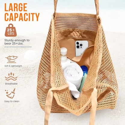 Large Beach Bags for Women, Mesh Beach Tote with Zipper, Foldable Pool Tote Bag Travel Beachbag Waterproof Sandproof - color: Khaki