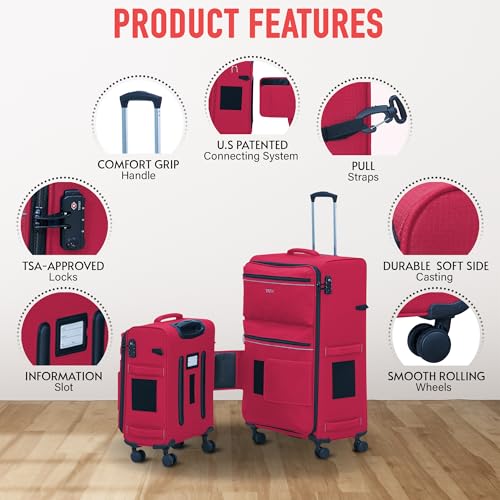 TACH LITE Samba Softside 3 Piece Luggage Set 20/24/28 Inch | Connectable Suitcases with Spinner Wheels | Lightweight Travel Suitcase with Wheels Carry On & Checked Bags | Soft Sided Luggage Set (Red) - color: Red, size: 3-Piece Set