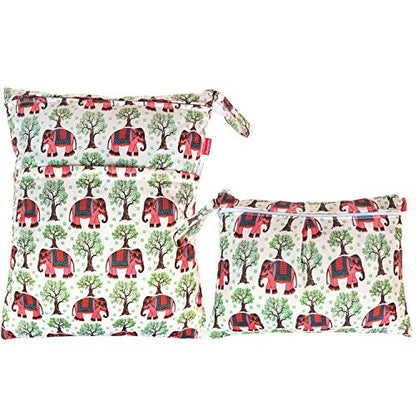 Damero 2Pcs Cloth Diapers Wet Dry Bag, Zippered Organizer, Elephants