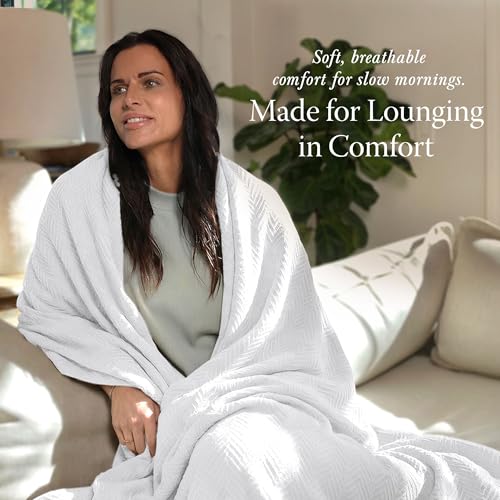 Threadmill Luxury 100% Cotton King Herringbone Blanket, Bright White - color: Bright White, size: King (106" x 92")