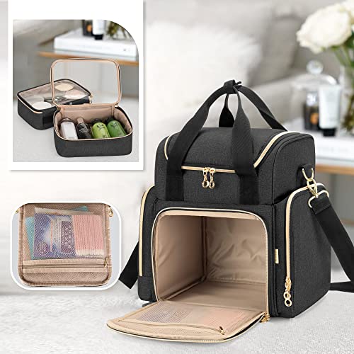LUXJA Travel Makeup Bag with 2 Removable Makeup Cases, Black - color: Black