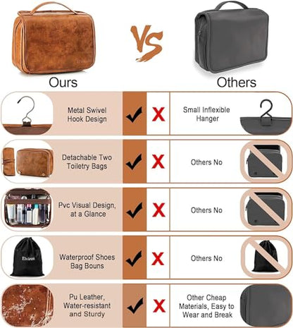 Elviros Hanging Toiletry Bag for Men PU Leather Shaving Dopp Kit (Brown) - color: Brown, size: 1 Pack