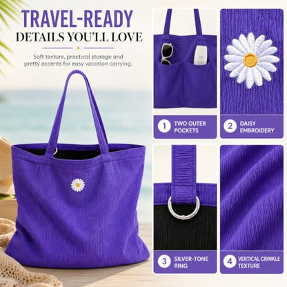 Purple Black Packable Tote Bag for Women with Pockets, Everyday Tote Bag