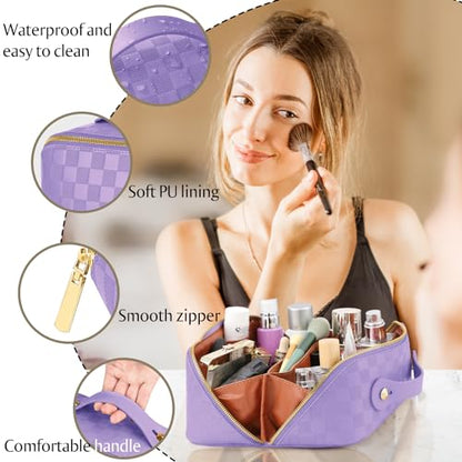 ALEXTINA Travel Makeup Bag, PU Leather Cosmetic Bag, Purple - color: checkered purple, size: Medium