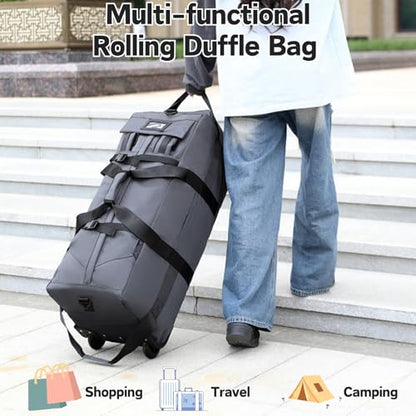 Rolling Duffle Bag with Wheels, 80L 28” Folding Duffle Backpack Soft-Sided with 2 Wheels, 6-way Carry-On Large Travel Bag Men/Women Multiple Pockets for Long Trip, Grey - color: Grey