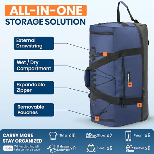 Fanwoli 120L Rolling Duffle Bag with Wheels, Foldable Travel Duffel - color: Blue