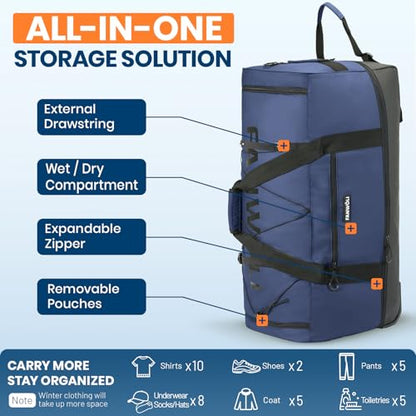 Fanwoli 120L Rolling Duffle Bag with Wheels, Foldable Travel Duffel - color: Blue