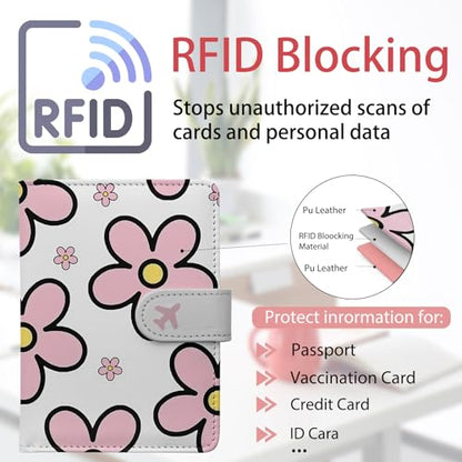 Passport Holder, Cute Travel Wallet Cover with RFID Blocking,Posy | PU leather travel wallet with magnetic closure, card slots, pen loop, and easy access for passports and essentials. - color: G-Posy