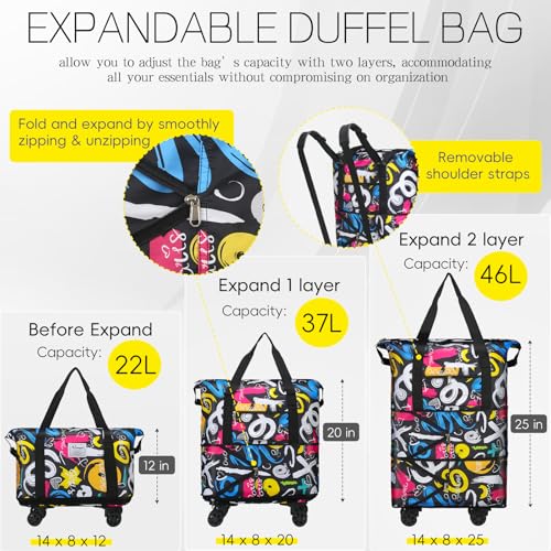 Duffel Bag with Wheels - Rolling Foldable Expandable Duffle Bag with Wheels for Travel, Rolling Luggage Carry On Bag with Wheels, Large Rolling Backpack Weekend Bags for Men Women (Black) - color: Graffiti