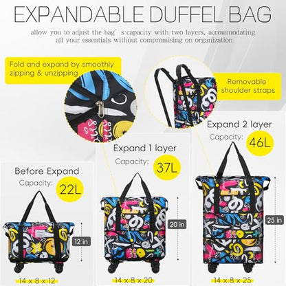Duffel Bag with Wheels - Rolling Foldable Expandable Duffle Bag with Wheels for Travel, Rolling Luggage Carry On Bag with Wheels, Large Rolling Backpack Weekend Bags for Men Women (Black) - color: Graffiti