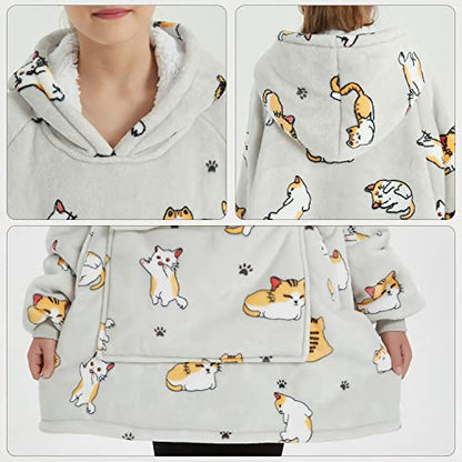 KFUBUO Wearable Blanket Hoodie for Kids With Pocket, 6-10 Year Old, Cat - color: Cat, size: Kids 6-10YR