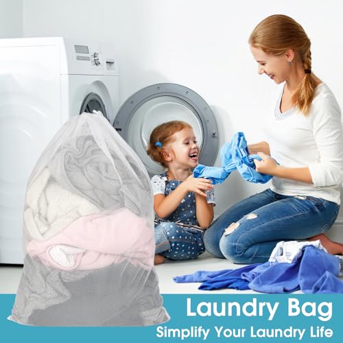 2 Pack Mesh Laundry Bags 23x34 Inch Drawstring Locking for Travel Home - color: White