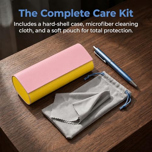 Double Sided Glasses Case Hard Shell,Sunglasses Case & Eyeglass Case with Cleaning Cloth & Storage Pouch - color: Pink-yellow