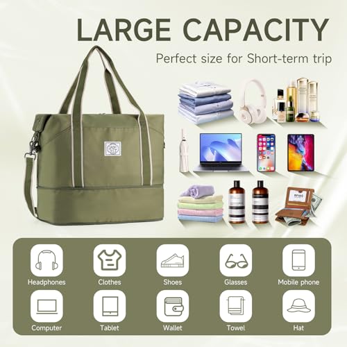 WALNEW Travel Duffel Bag, Weekender Bag for Women Men, Army Green - color: Army Green