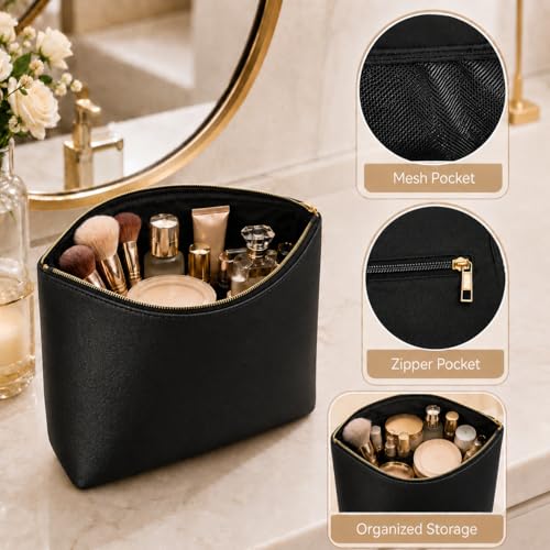 3PCS PU Leather Makeup Bag, Large Travel Cosmetic Pouch, Cute Toiletry Organizer for Women, Black - color: Black 3pc