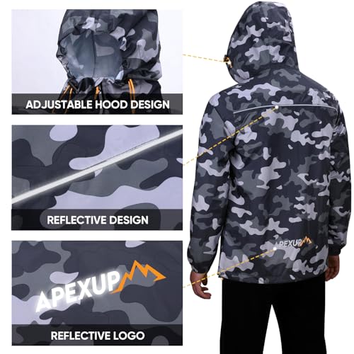 APEXUP Packable Rain Jacket Men Waterproof Lightweight Raincoat with Hood - color: Camo, size: Medium