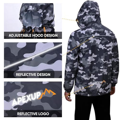 APEXUP Packable Rain Jacket Men Waterproof Lightweight Raincoat with Hood - color: Camo, size: Medium