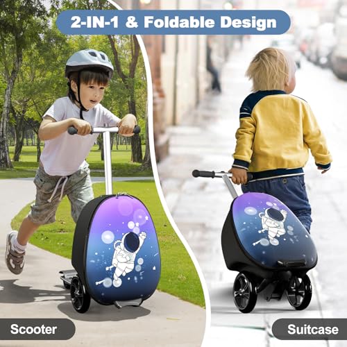 Baotree 2-in-1 Ride-On Scooter Suitcase, Scooter Luggage for Kids Ages 5-12, Foldable & Lightweight Carry with LED Light-Up Wheels - color: Blue