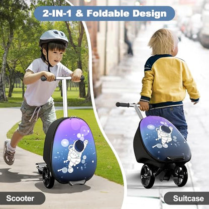 Baotree 2-in-1 Ride-On Scooter Suitcase, Scooter Luggage for Kids Ages 5-12, Foldable & Lightweight Carry with LED Light-Up Wheels - color: Blue